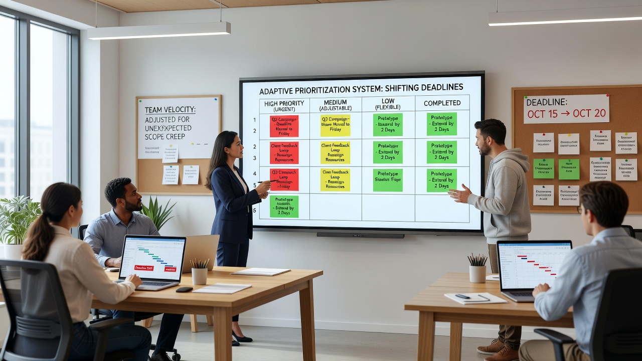Digital dashboard displaying adaptive task priorities and deadline adjustments for a creative project team
